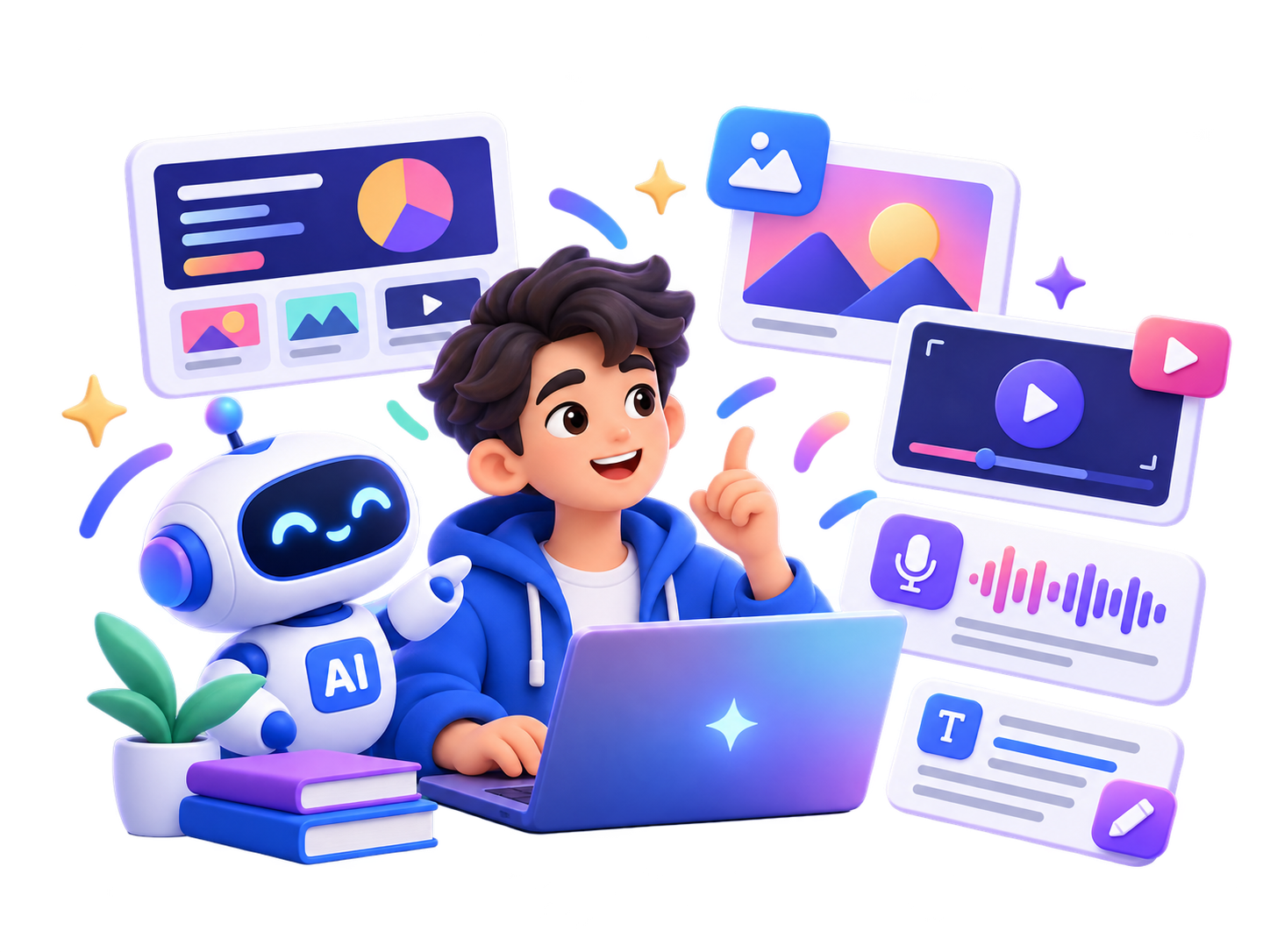 Ilustrasi produksi konten digital dengan AI