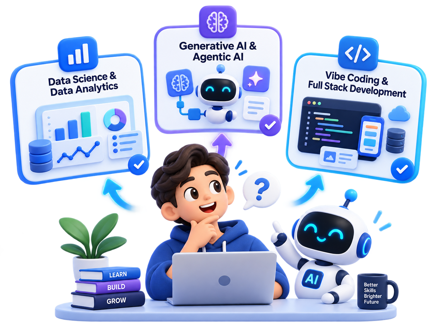 Tiga pilihan learning path Intensive AI Bootcamp: Data Science & Data Analytics, Generative AI & Agentic AI, dan Vibe Coding & Full Stack Development